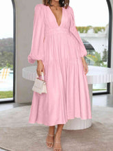 Load image into Gallery viewer, Womens Maxi Dress-Deep V-Neck Balloon Sleeve Plain Maxi Dress
