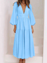 Load image into Gallery viewer, Womens Maxi Dress-Deep V-Neck Balloon Sleeve Plain Maxi Dress
