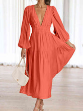 Load image into Gallery viewer, Womens Maxi Dress-Deep V-Neck Balloon Sleeve Plain Maxi Dress
