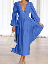 Load image into Gallery viewer, Womens Maxi Dress-Deep V-Neck Balloon Sleeve Plain Maxi Dress
