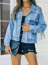 Load image into Gallery viewer, Womens Denim Jacket-Distressed Fringe Denim Jacket | Denim Jacket
