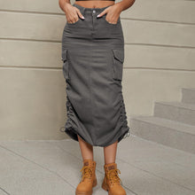 Load image into Gallery viewer, Womens Skirt-Drawstring Ruched Slit Denim Midi Skirt
