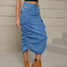 Load image into Gallery viewer, Womens Skirt-Drawstring Ruched Slit Denim Midi Skirt
