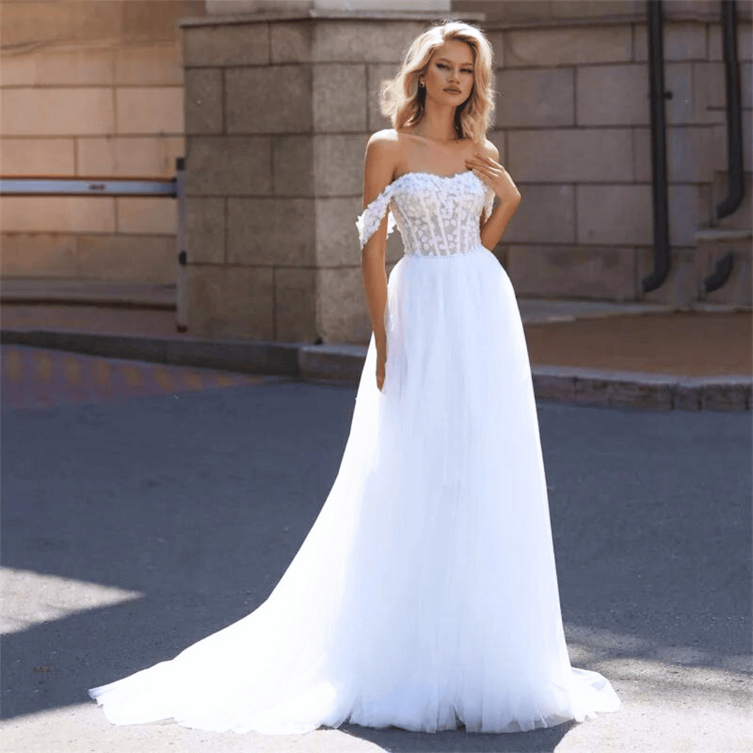 Off the Shoulder Wedding Dress-A-Line Open Back Bridal Gown | Wedding Dresses