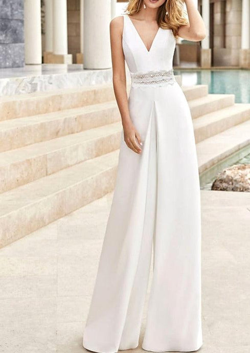 Wedding Jumpsuit-White V Neck Bridal Jumpsuit | Wedding & Bridal Party Dresses