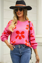 Load image into Gallery viewer, Womens Sweater-Floral Print Round Neck Dropped Shoulder Pullover Sweater
