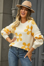 Load image into Gallery viewer, Womens Sweater-Floral Print Round Neck Dropped Shoulder Pullover Sweater
