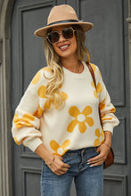 Load image into Gallery viewer, Womens Sweater-Floral Print Round Neck Dropped Shoulder Pullover Sweater
