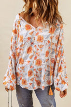 Load image into Gallery viewer, Womens Blouse-Floral Tie Neck Balloon Sleeve Blouse | top
