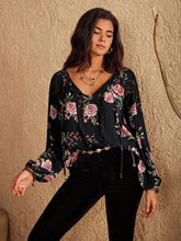 Load image into Gallery viewer, Womens Blouse-Flower Printed Tie Neck Long Sleeve Blouse | Tops/Blouses &amp; Shirts
