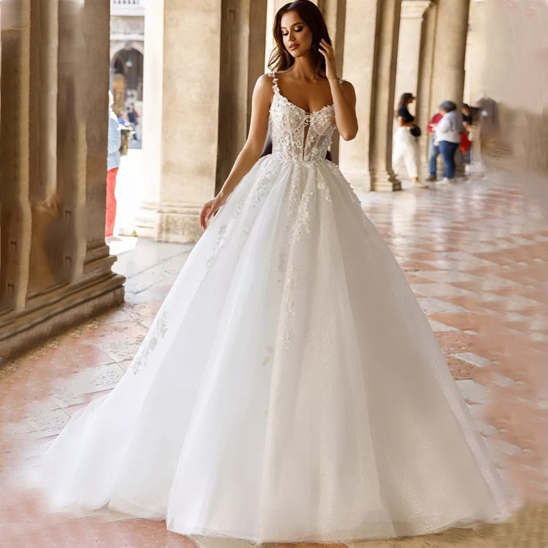 Lace Wedding Dress-Illusion Top Applique Bridal  Gown | Wedding Dresses