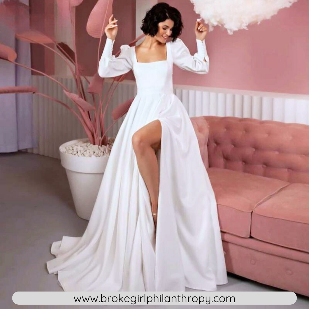 Satin Wedding Dress-Square Collar High Split Puff Sleeves | Wedding Dresses