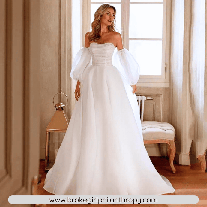 A Line Wedding Dress-Strapless Bridal Gown Detachable Puff Sleeves | Wedding Dresses