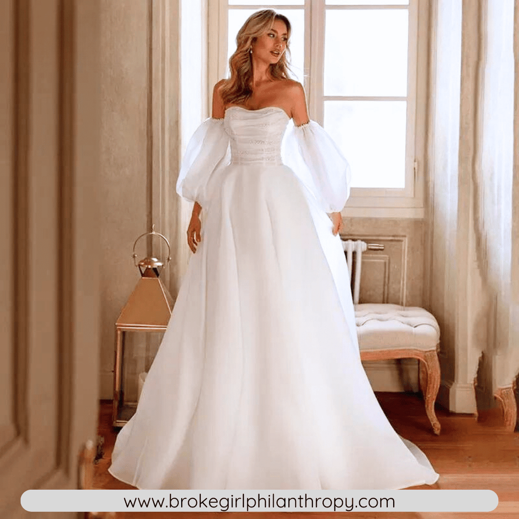 A Line Wedding Dress-Strapless Bridal Gown Detachable Puff Sleeves | Wedding Dresses