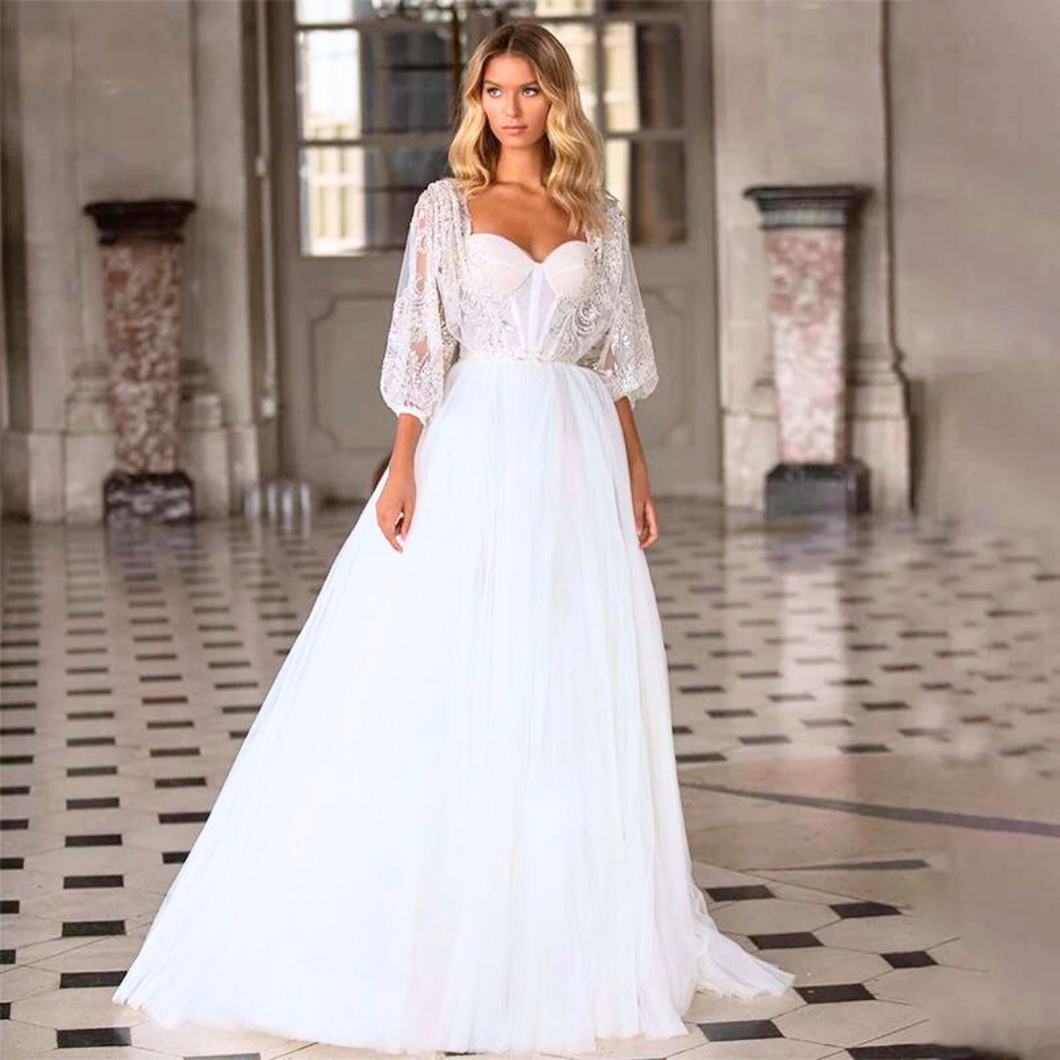 Long Puff Sleeve Wedding Dress with Sweetheart Neckline
