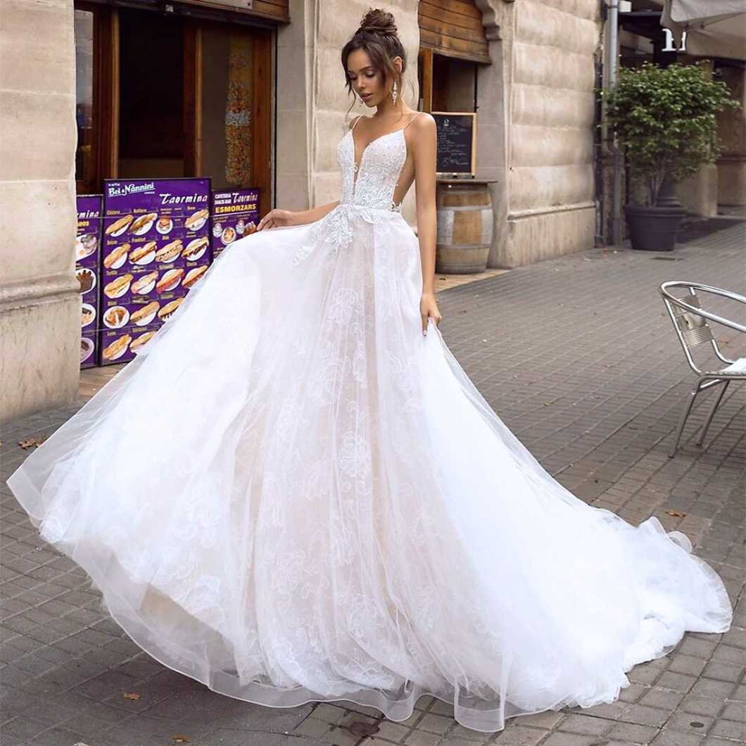 Backless Wedding Dress-V-Neck A Line Lace Wedding Dress | Wedding Dresses