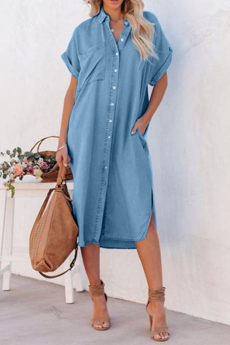 Womens Denim Dress | Slit Button Up Short Sleeve Denim Dress | Dresses/Midi Dresses