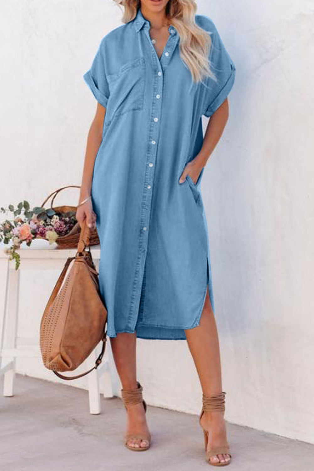 Womens Denim Dress | Slit Button Up Short Sleeve Denim Dress | Dresses/Midi Dresses