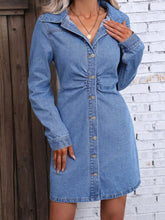 Load image into Gallery viewer, Denim Dress | Ruched Button Up Long Sleeve Dress
