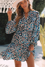Load image into Gallery viewer, Blue Leopard Print Bubble Sleeve Ruffled Shirt Dress

