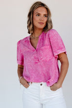 Load image into Gallery viewer, Bright Pink Mineral Wash Split Neck Pocket Patched Denim Top
