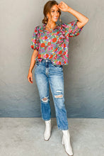 Load image into Gallery viewer, Red Floral Tie Split Neck Ruffle Puff Sleeve Blouse | Tops/Blouses &amp; Shirts
