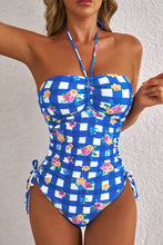 Load image into Gallery viewer, Blue Folk Gingham Halter Ruched Bodice Drawstring Ties One Piece Swimwear
