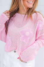 Load image into Gallery viewer, Pink Flower Sweater | Hollowed Knit Drop Shoulder Sweater
