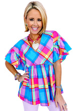 Load image into Gallery viewer, Babydoll Top | Sky Blue Colorful Plaid V Neck Ruffled Short Sleeve Blouse
