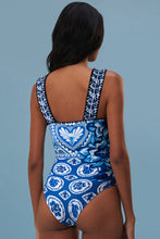 Load image into Gallery viewer, Blue Tile Pattern Ricrac Wide Straps Sheath One Piece Swimsuit

