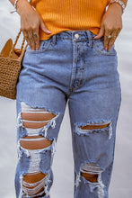 Load image into Gallery viewer, Sky Blue Heavy Destroyed Big Hole Boyfriend Jeans | Bottoms/Jeans
