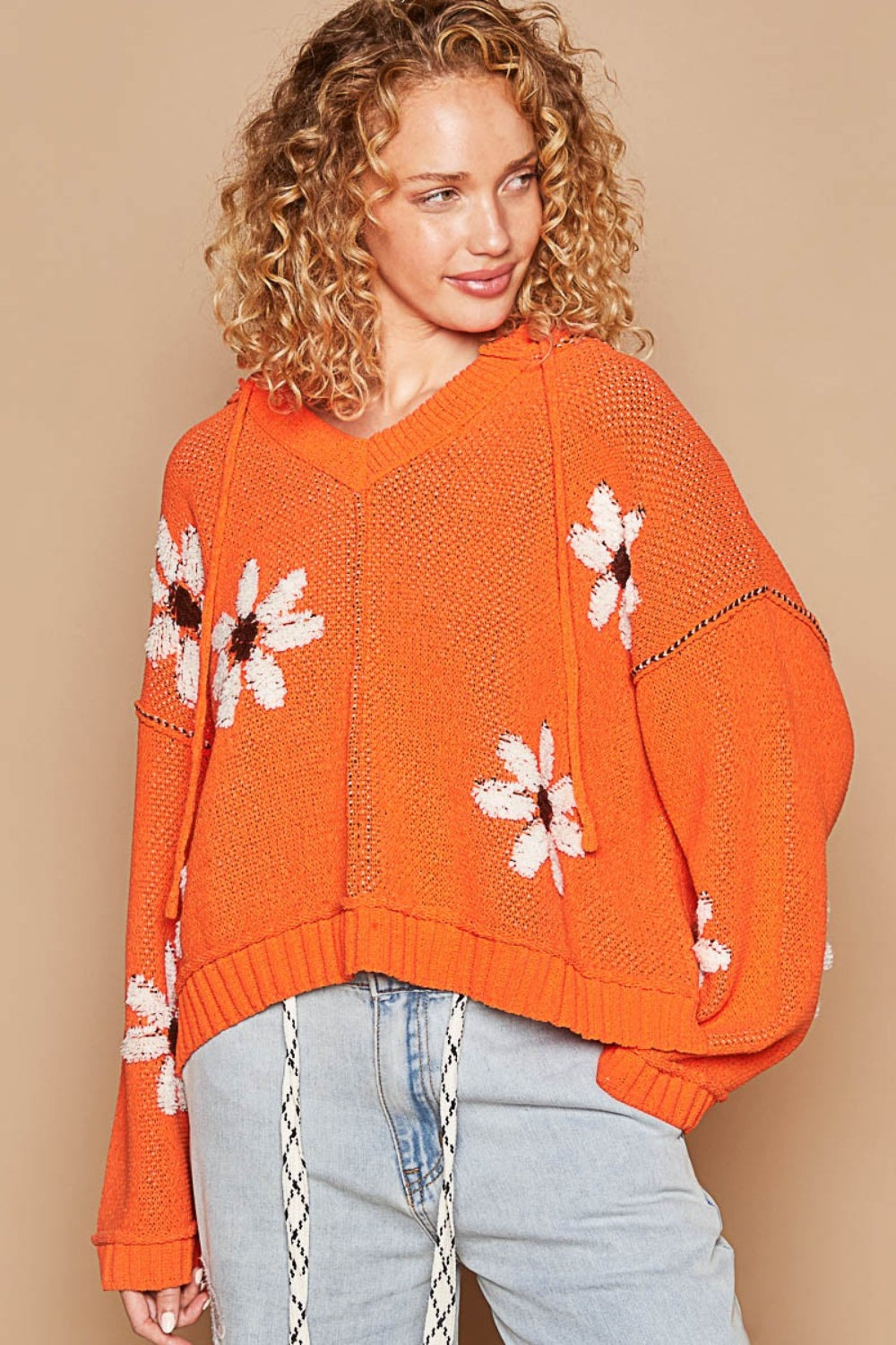 Hooded High-Low Sweater | Floral Pattern