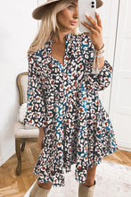 Load image into Gallery viewer, Blue Leopard Print Bubble Sleeve Ruffled Shirt Dress
