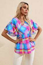 Load image into Gallery viewer, Babydoll Top | Sky Blue Colorful Plaid V Neck Ruffled Short Sleeve Blouse
