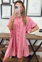 Load image into Gallery viewer, Pink Ruffled Short Sleeve Buttoned Denim Mini Dress | Dresses/Mini Dresses
