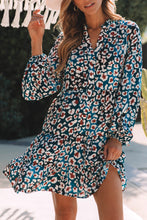 Load image into Gallery viewer, Blue Leopard Print Bubble Sleeve Ruffled Shirt Dress
