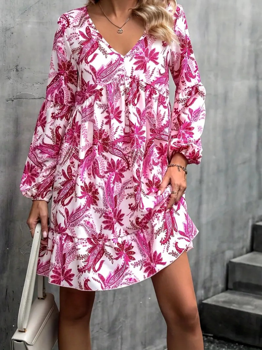 Floral Print Dress | V-Neck Balloon Sleeve Dress