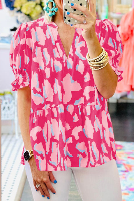 Rose Abstract Print Smocked Puff Sleeve V Neck Blouse | Tops/Blouses & Shirts