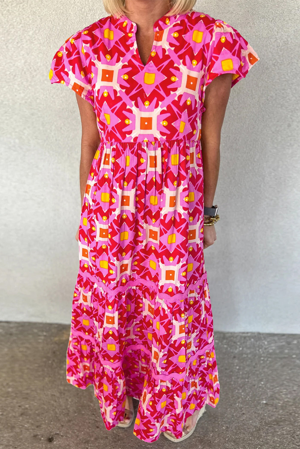 Maxi Dress | Strawberry Pink Geo Print V-neck Dress