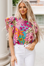 Load image into Gallery viewer, Multicolor Vibrant Floral Print Trimmed Ruffle Sleeve Blouse | Tops/Blouses &amp; Shirts

