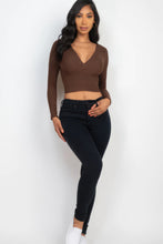 Load image into Gallery viewer, BodyCon Top | Black Ribbed Wrap Front Long Sleeve Top
