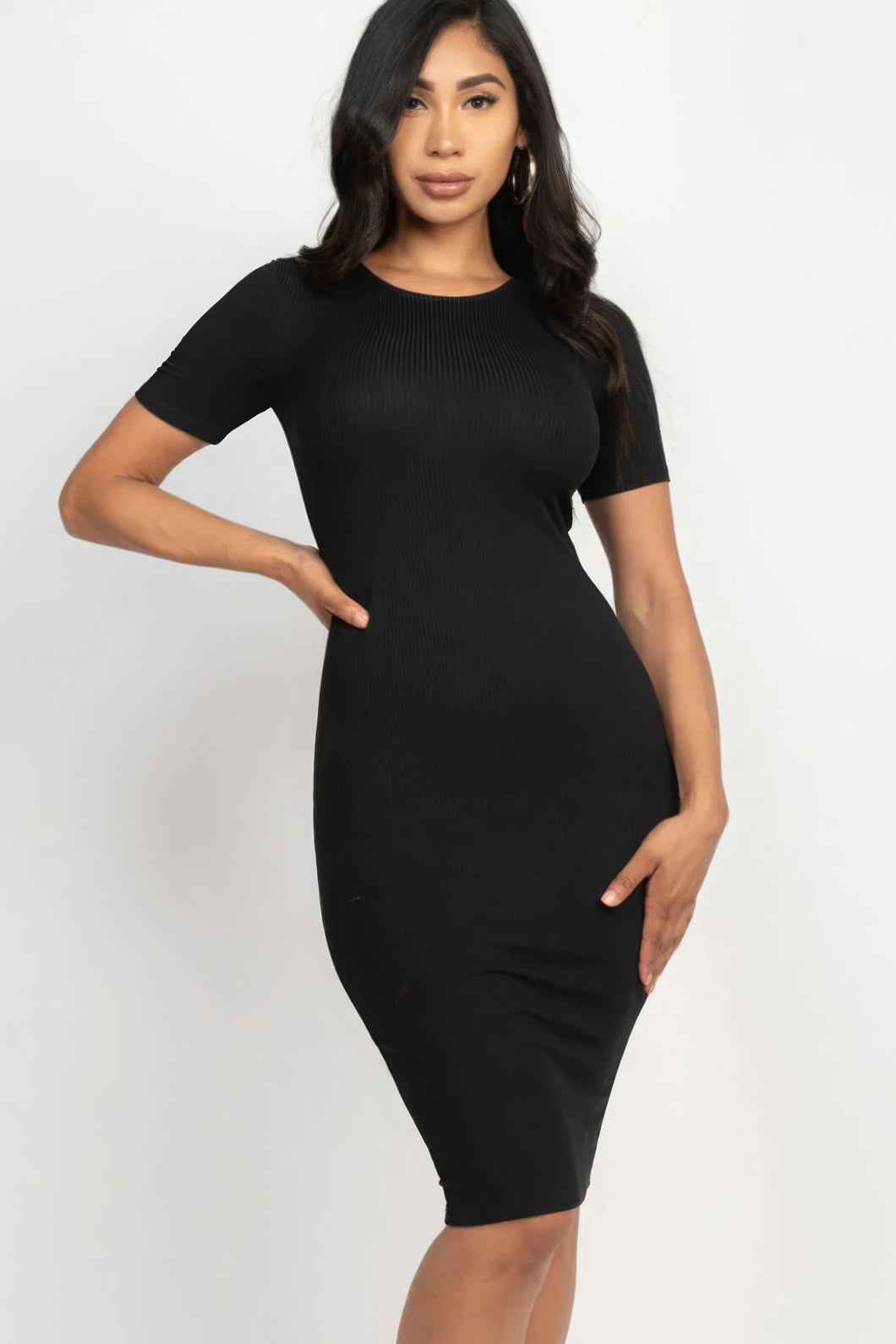 Bodycon Dress-Black Ribbed Bodycon Midi Dress
