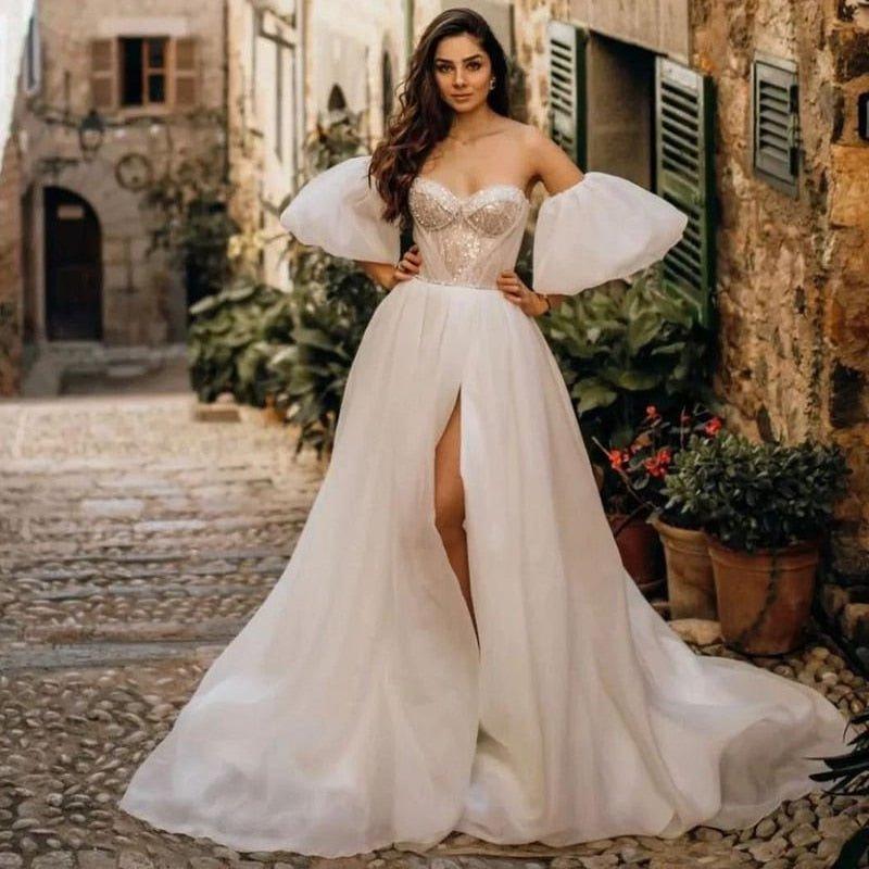 Lantern Sleeve Side Slit Princess Beach Wedding Dress Broke Girl Philanthropy