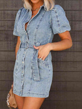 Load image into Gallery viewer, Womens Mini Dress-Puff Sleeve Button Up Mini Denim Dress
