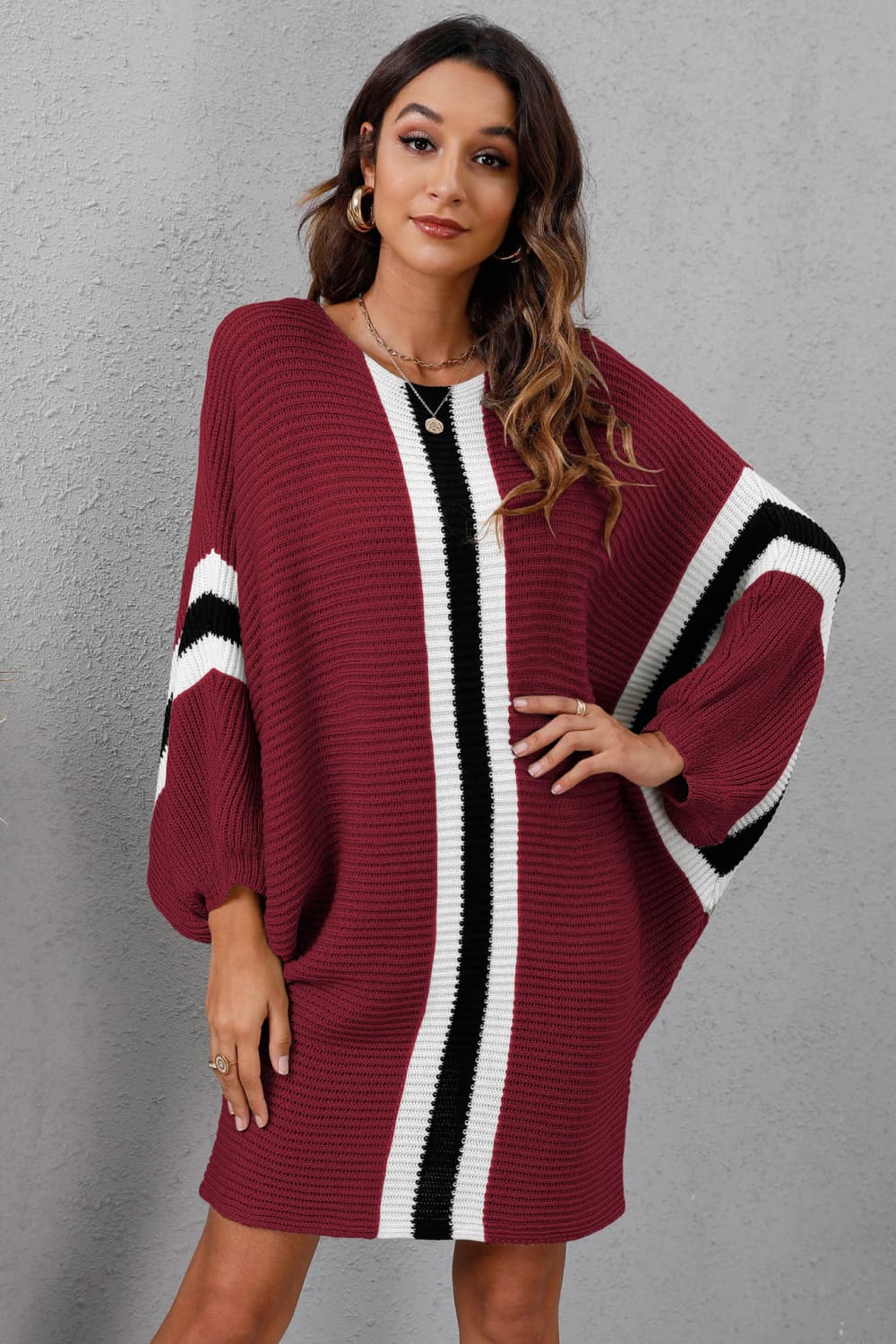 Womens Sweater Dress-Ribbed Round Neck Long Sleeve Sweater Dress | Dress