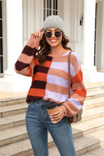 Load image into Gallery viewer, Womens Sweater-Round Neck Long Sleeve Color Block Dropped Shoulder Pullover Sweater
