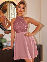 Load image into Gallery viewer, Womens Mini Dress-Sequin Mock Neck Mini Dress | Dress
