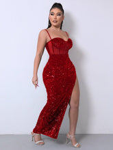 Load image into Gallery viewer, Womens Dress-Sequin Spliced Mesh Adjustable Strap Dress | Dresses
