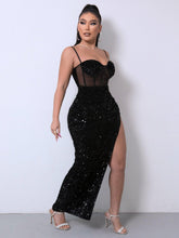 Load image into Gallery viewer, Womens Dress-Sequin Spliced Mesh Adjustable Strap Dress | Dresses
