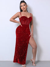 Load image into Gallery viewer, Womens Dress-Sequin Spliced Mesh Adjustable Strap Dress | Dresses
